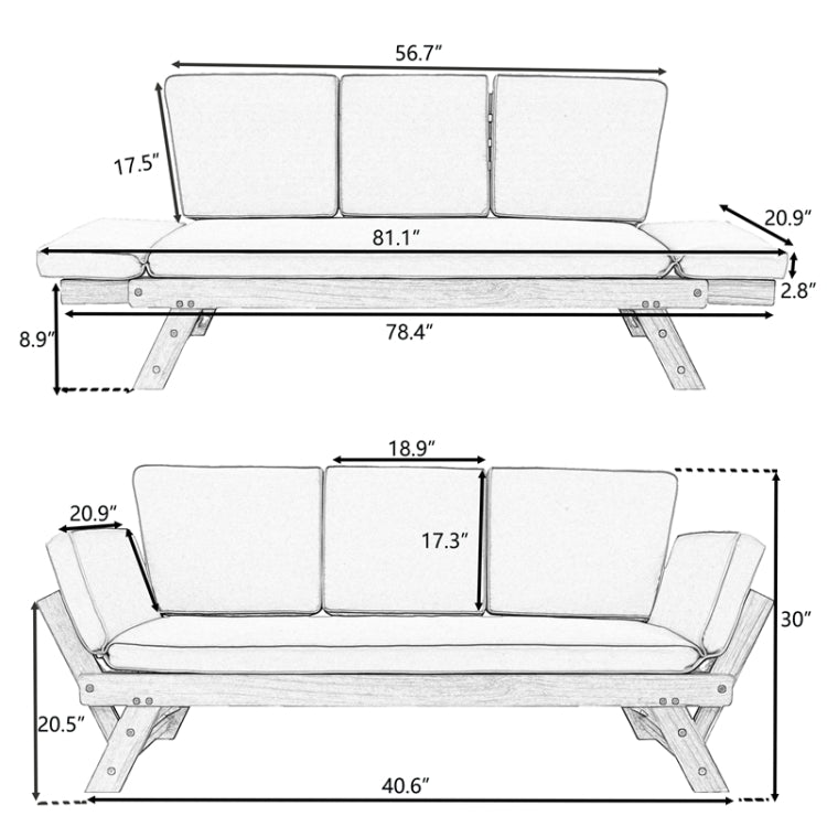 [US Warehouse] Outdoor Adjustable Patio Wooden Daybed Sofa Chaise Lounge with Cushions, Size: 78.4x20.8x30 inch