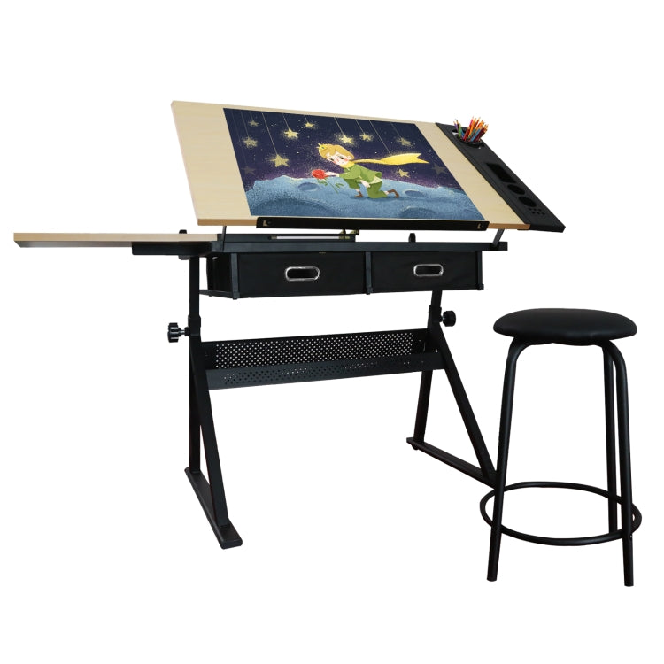 [US Warehouse] Height Adjustable Drawing Table with Storage Drawers & Stool