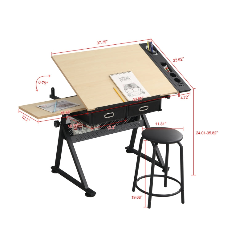 [US Warehouse] Height Adjustable Drawing Table with Storage Drawers & Stool