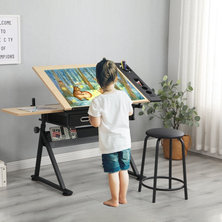[US Warehouse] Height Adjustable Drawing Table with Storage Drawers & Stool