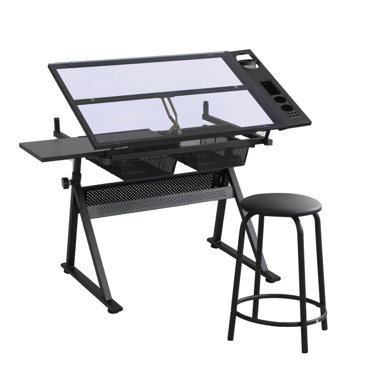 [US Warehouse] Height Adjustable Glass Top Drafting Table with Storage Drawer & Chairs