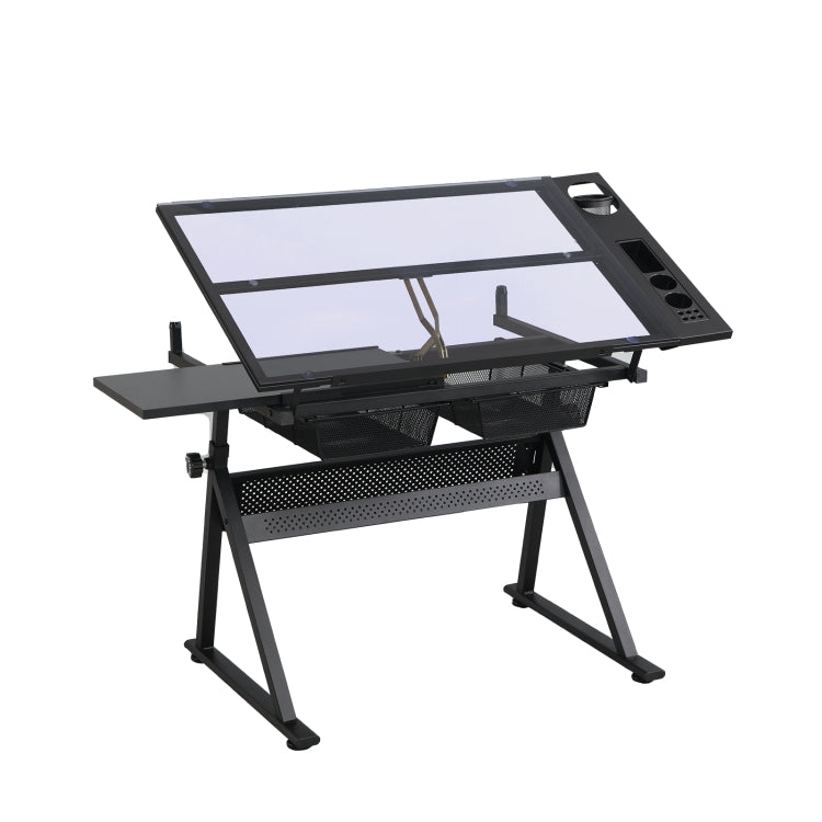 [US Warehouse] Height Adjustable Glass Top Drafting Table with Storage Drawer & Chairs