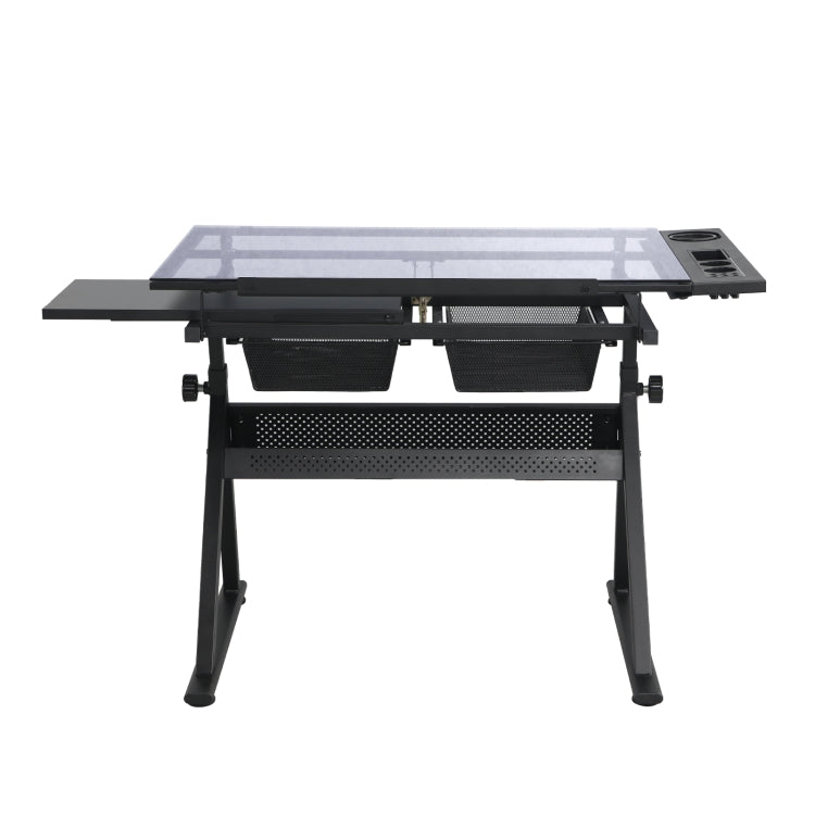 [US Warehouse] Height Adjustable Glass Top Drafting Table with Storage Drawer & Chairs