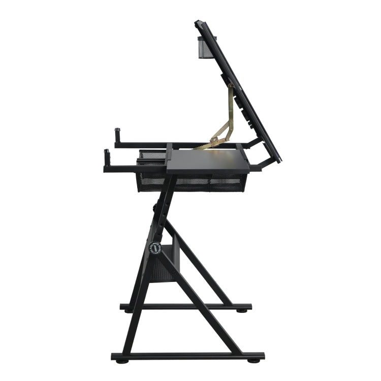 [US Warehouse] Height Adjustable Glass Top Drafting Table with Storage Drawer & Chairs