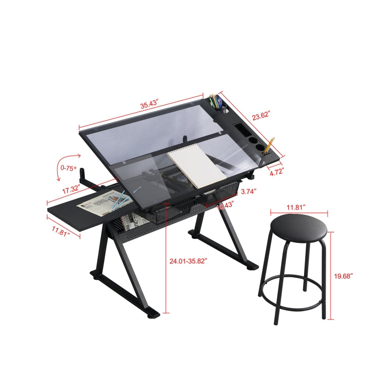 [US Warehouse] Height Adjustable Glass Top Drafting Table with Storage Drawer & Chairs