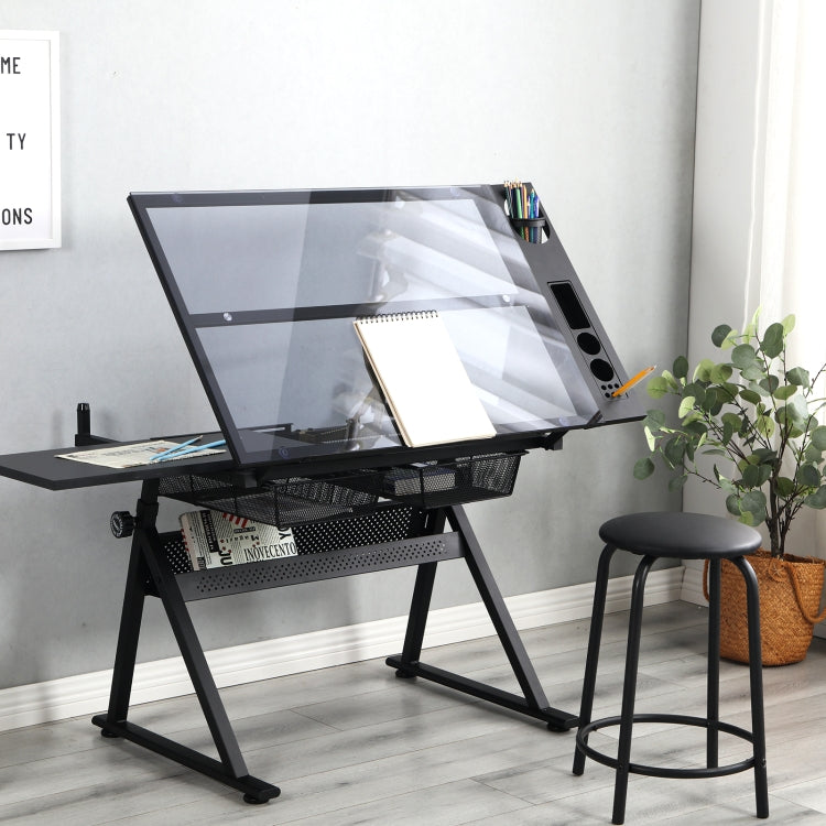 [US Warehouse] Height Adjustable Glass Top Drafting Table with Storage Drawer & Chairs