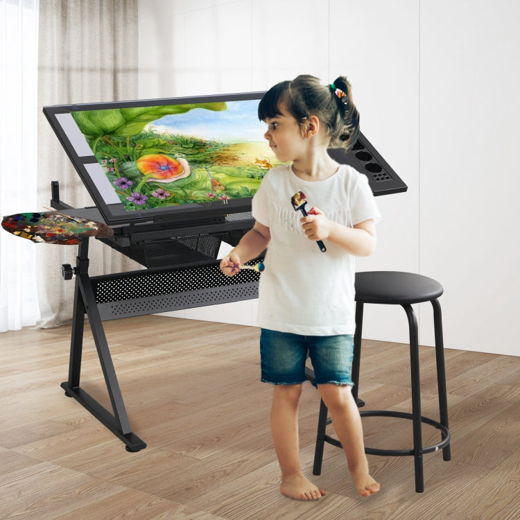 [US Warehouse] Height Adjustable Glass Top Drafting Table with Storage Drawer & Chairs