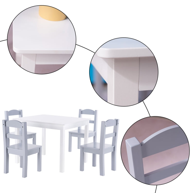 [US Warehouse] 5 in 1 Children Solid Wood Table + 4 Chairs Set, Table Size: 66 x 56 x 48cm, Chair Size: 53 x 26 x 26cm(White)
