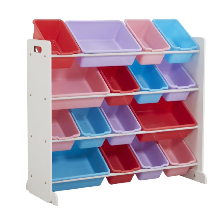 [US Warehouse] 4-layers 16-grid Toy Storage Rack, White Frame + Colorful Plastic Basket