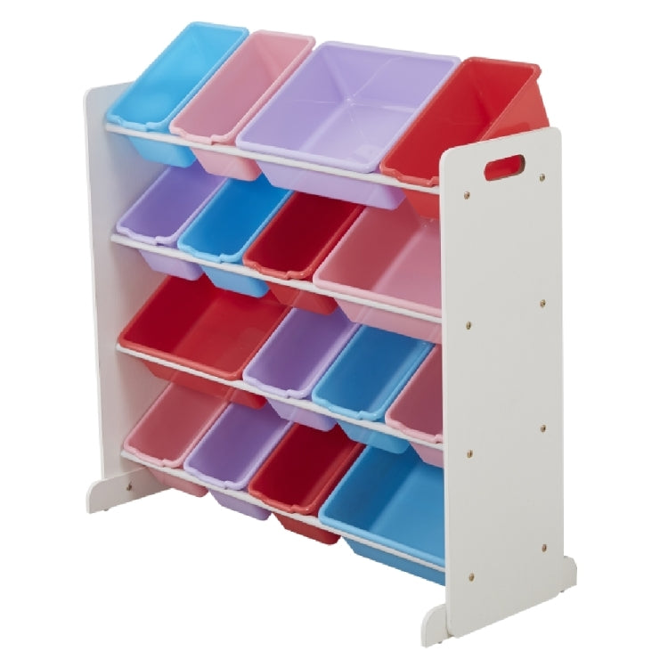 [US Warehouse] 4-layers 16-grid Toy Storage Rack, White Frame + Colorful Plastic Basket