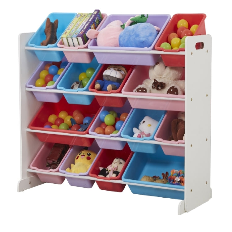 [US Warehouse] 4-layers 16-grid Toy Storage Rack, White Frame + Colorful Plastic Basket