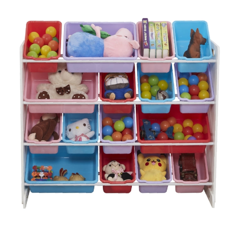 [US Warehouse] 4-layers 16-grid Toy Storage Rack, White Frame + Colorful Plastic Basket
