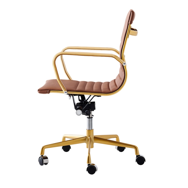 [US Warehouse] HJ210B Hyperboloid Design Rotatable Lifting Adjustable Office Chairs PU Leather Recliner with Armrests, Size: (90-100) x 63 x 59cm (Coffee + Gold)