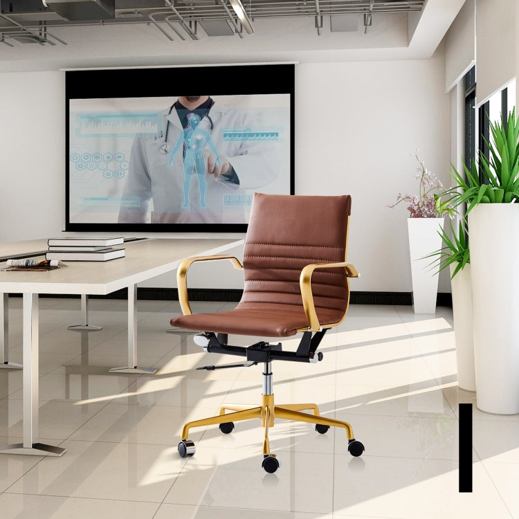 [US Warehouse] HJ210B Hyperboloid Design Rotatable Lifting Adjustable Office Chairs PU Leather Recliner with Armrests, Size: (90-100) x 63 x 59cm (Coffee + Gold)
