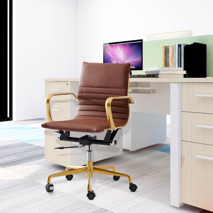 [US Warehouse] HJ210B Hyperboloid Design Rotatable Lifting Adjustable Office Chairs PU Leather Recliner with Armrests, Size: (90-100) x 63 x 59cm (Coffee + Gold)