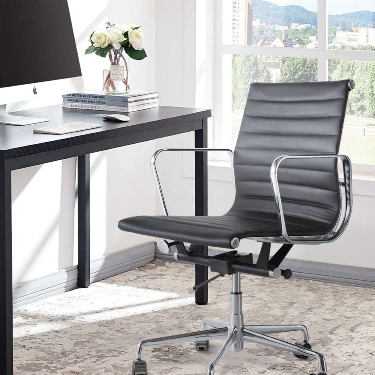 [US Warehouse] HJ202B Hyperboloid Design Rotatable Lifting Adjustable Office Chairs PU Leather Recliner with Armrests, Size: (90-100) x 63 x 59cm(Black)