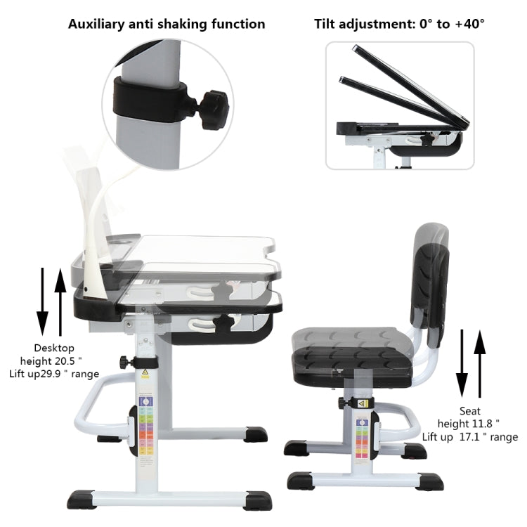 [US Warehouse] 70cm Hand-cranked Lifting Top Can Tilt Children Learning Table And Chairs with Reading Stand & USB Interface Desk Lamp