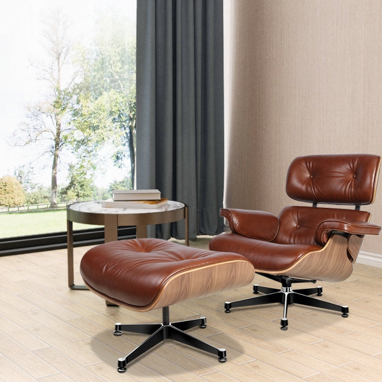 [UK Warehouse] TY-318 Simple Modern Leisure Full-grain Leather Lounge Chairs Light Walnut Wood Frame Office Chairs(Light Brown)