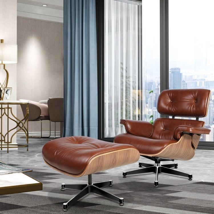 [UK Warehouse] TY-318 Simple Modern Leisure Full-grain Leather Lounge Chairs Light Walnut Wood Frame Office Chairs(Light Brown)
