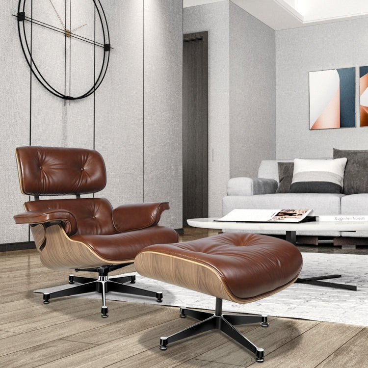 [UK Warehouse] TY-318 Simple Modern Leisure Full-grain Leather Lounge Chairs Light Walnut Wood Frame Office Chairs(Light Brown)
