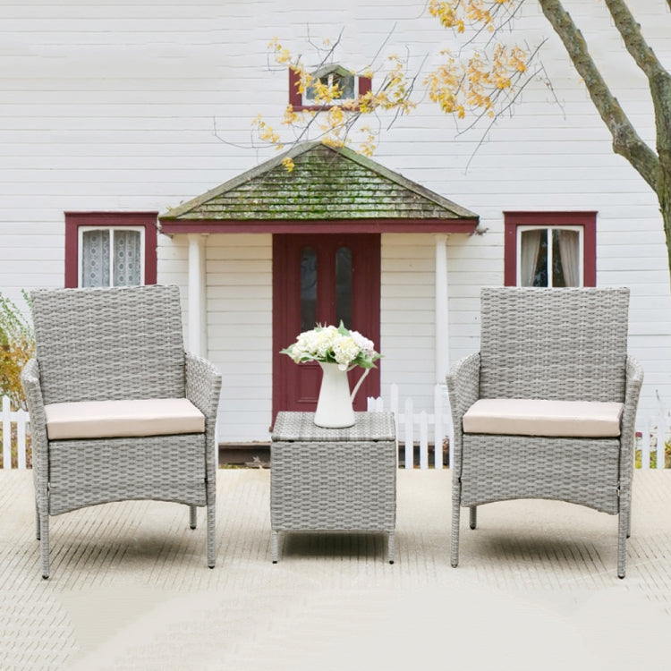 [US Warehouse] 3 in 1 Steel Frame PE Wicker Chair with Cushion + Coffee Table Outdoor Furniture Set