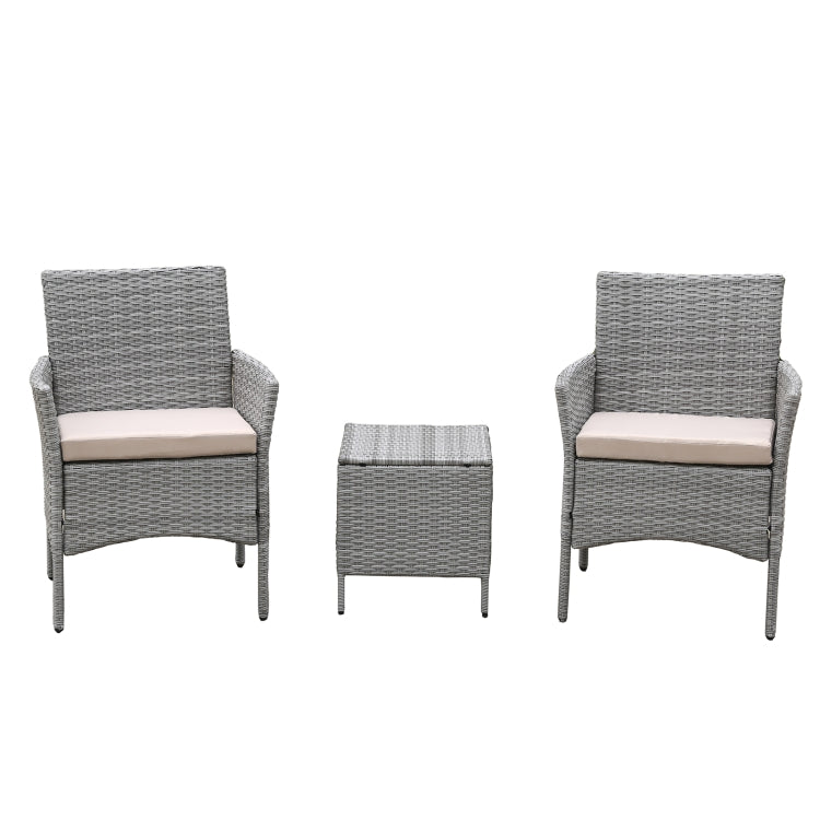[US Warehouse] 3 in 1 Steel Frame PE Wicker Chair with Cushion + Coffee Table Outdoor Furniture Set