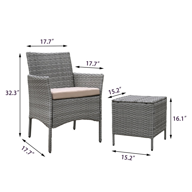 [US Warehouse] 3 in 1 Steel Frame PE Wicker Chair with Cushion + Coffee Table Outdoor Furniture Set