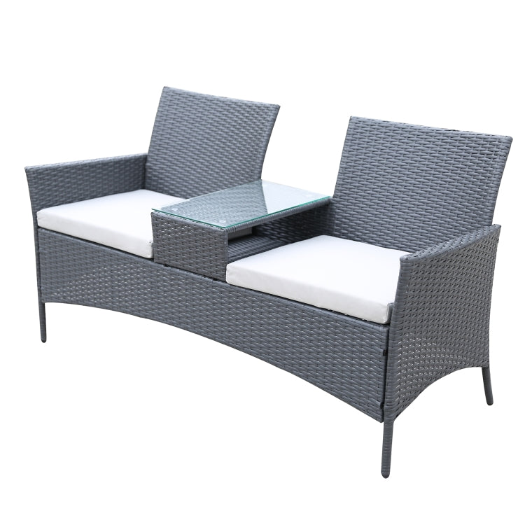 [US Warehouse] Steel Frame PE Rattan Double Chair with Built-in Coffee Table & Removable Cushion, Size: 59 x 32.5 x 22 inch