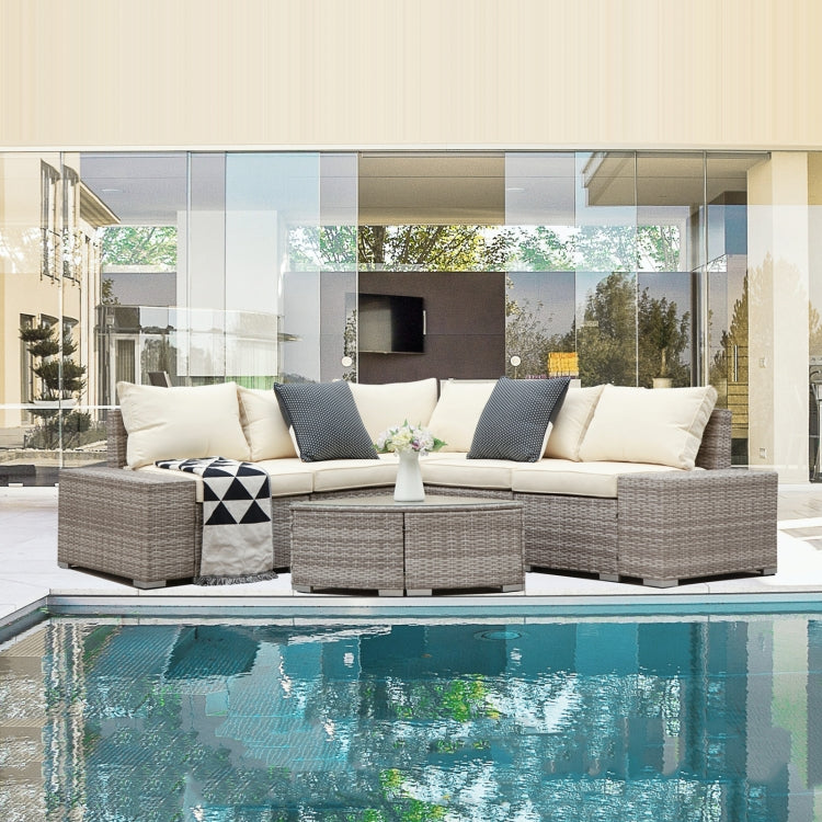 [US Warehouse] 6 in 1 PE Rattan Free Combination Five-seater Sofa with Cushion + Fan-shaped Coffee Table Outdoor Patio Furniture Set