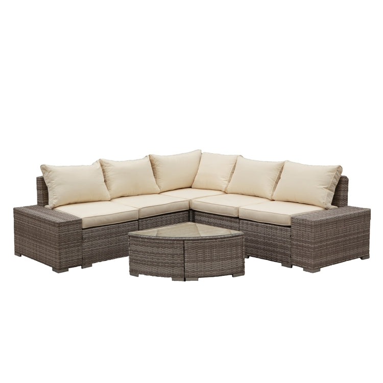 [US Warehouse] 6 in 1 PE Rattan Free Combination Five-seater Sofa with Cushion + Fan-shaped Coffee Table Outdoor Patio Furniture Set