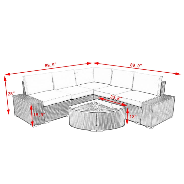 [US Warehouse] 6 in 1 PE Rattan Free Combination Five-seater Sofa with Cushion + Fan-shaped Coffee Table Outdoor Patio Furniture Set