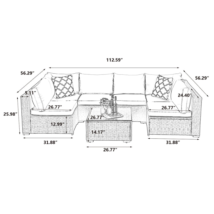 [US Warehouse] 23 in 1 PE Rattan Sectional Cushioned Free Combination Sofa Outdoor Garden Terrace Furniture Set with Pillows & Coffee Table