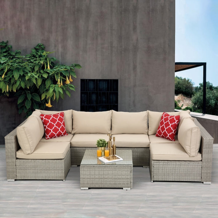[US Warehouse] 23 in 1 PE Rattan Sectional Cushioned Free Combination Sofa Outdoor Garden Terrace Furniture Set with Pillows & Coffee Table
