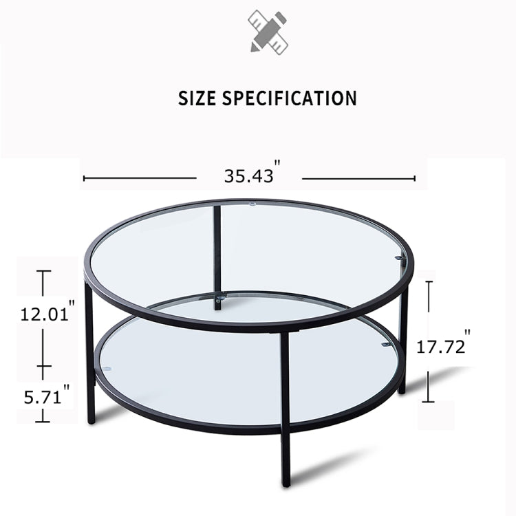 [US Warehouse] Round Glass Coffee Table with Ppen Shelf, Size: 35.43 x 35.43 x 17.72 inch