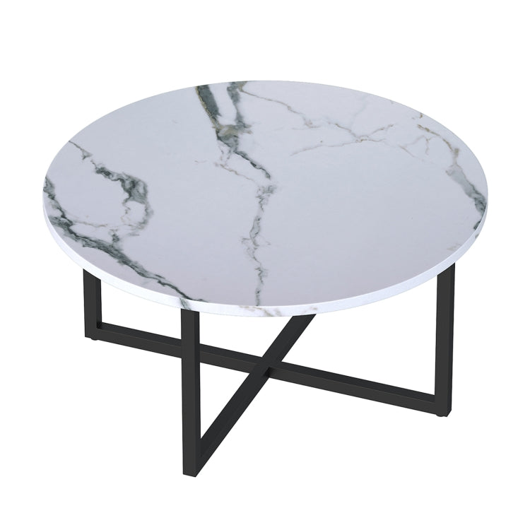 [US Warehouse] 31 Inch Round Imitation Marble Countertop Coffee Table Living Room Tea Table with Open Storage Shelf