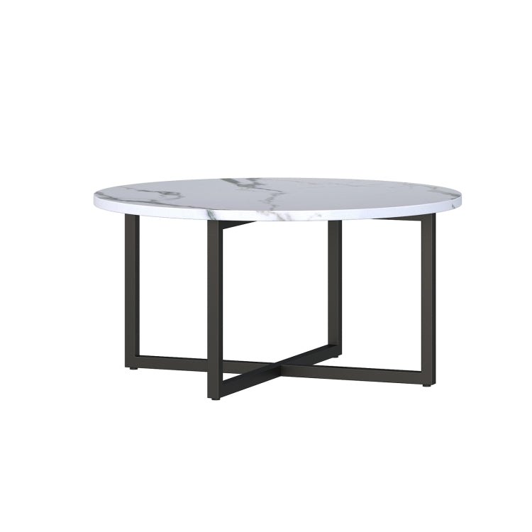 [US Warehouse] 31 Inch Round Imitation Marble Countertop Coffee Table Living Room Tea Table with Open Storage Shelf