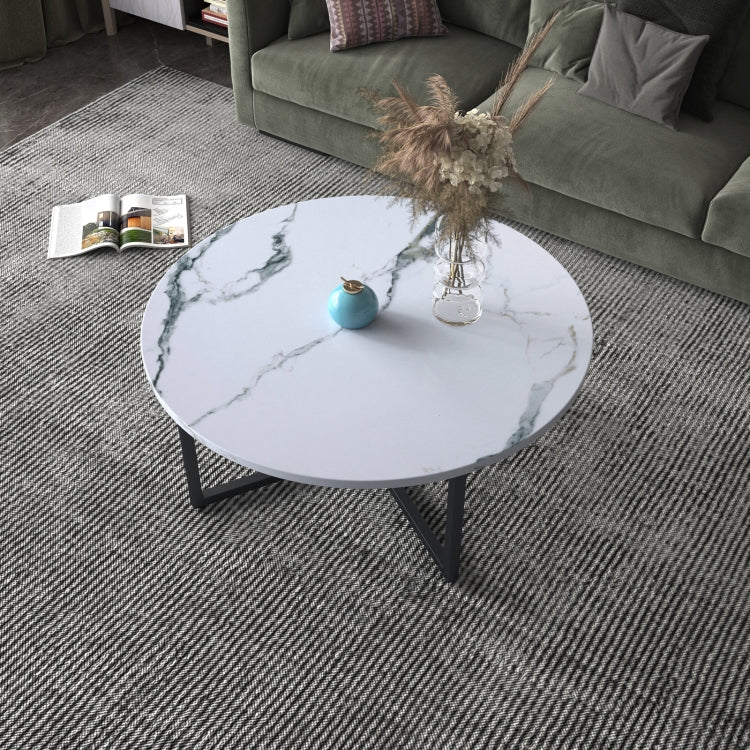 [US Warehouse] 31 Inch Round Imitation Marble Countertop Coffee Table Living Room Tea Table with Open Storage Shelf