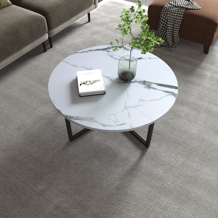 [US Warehouse] 31 Inch Round Imitation Marble Countertop Coffee Table Living Room Tea Table with Open Storage Shelf