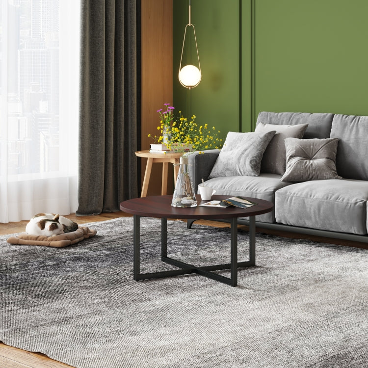 [US Warehouse] 31 Inch Round Black Walnut Mesa Coffee Table Living Room Tea Table with Open Storage Shelf