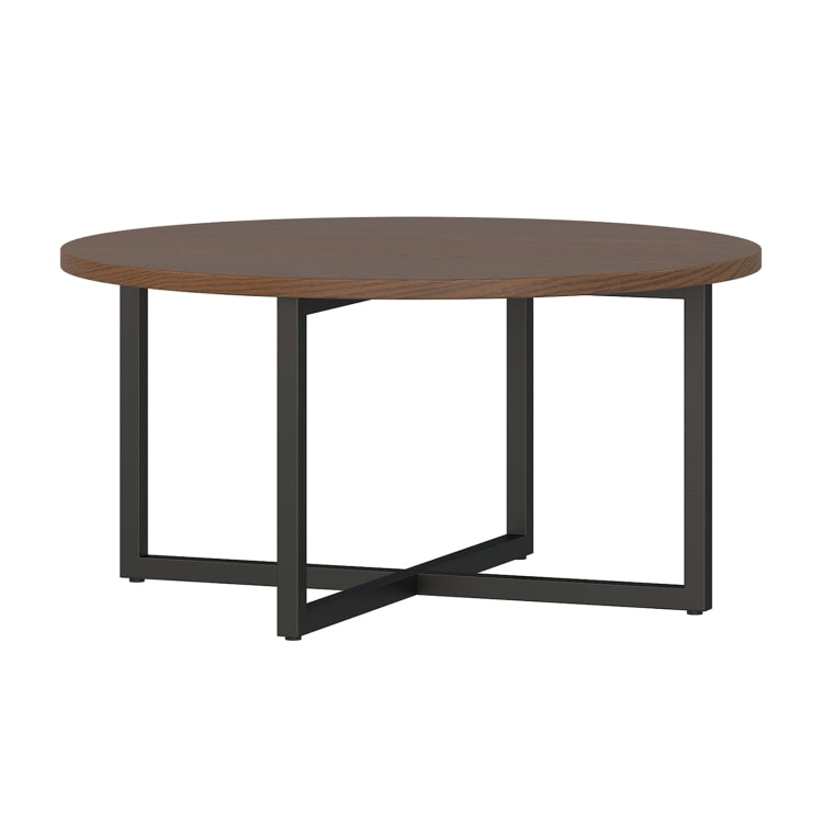 [US Warehouse] 31 Inch Round Red Walnut Mesa Coffee Table Living Room Tea Table with Open Storage Shelf
