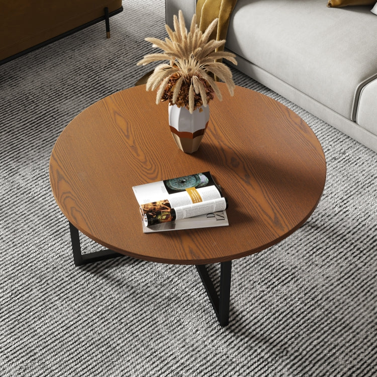 [US Warehouse] 31 Inch Round Red Walnut Mesa Coffee Table Living Room Tea Table with Open Storage Shelf