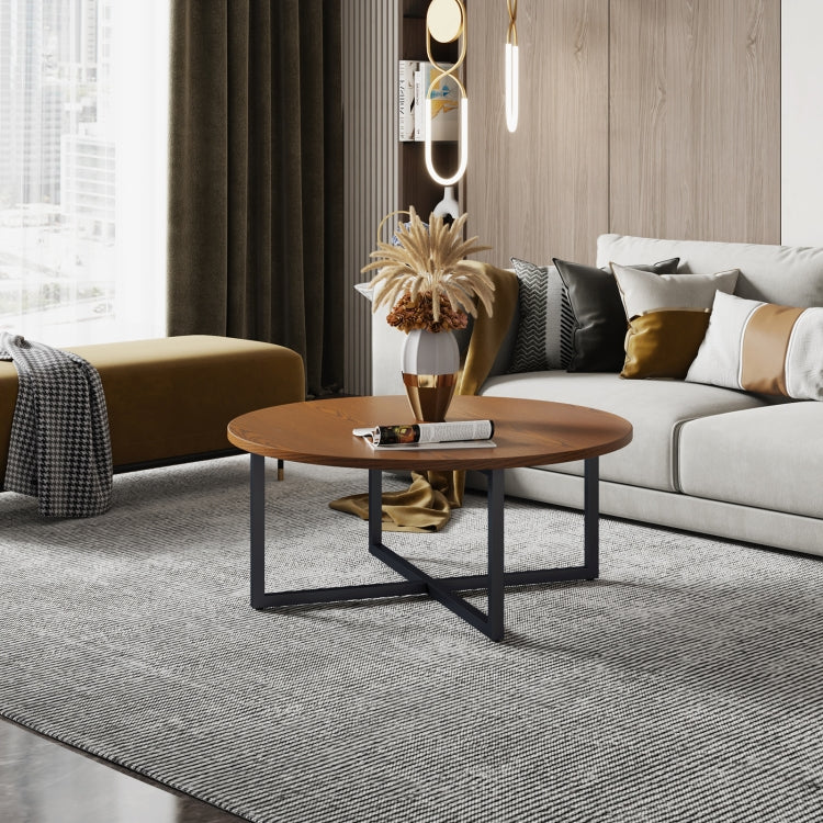 [US Warehouse] 31 Inch Round Red Walnut Mesa Coffee Table Living Room Tea Table with Open Storage Shelf