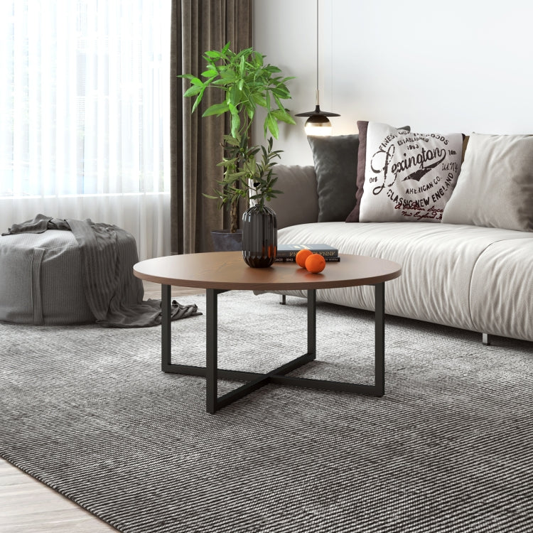 [US Warehouse] 31 Inch Round Red Walnut Mesa Coffee Table Living Room Tea Table with Open Storage Shelf