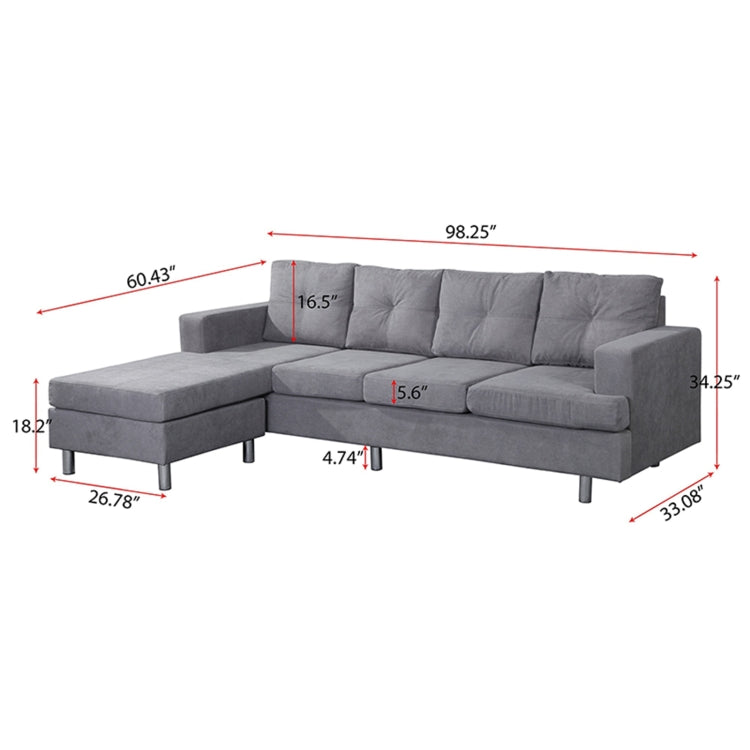 [US Warehouse] L-shaped Suede Fabrics Free Combination Sofa Three-seat Sofa Bed with  Left or Right Hand Chaise, Size: 98.25 x 60.43 x 34.25 inch