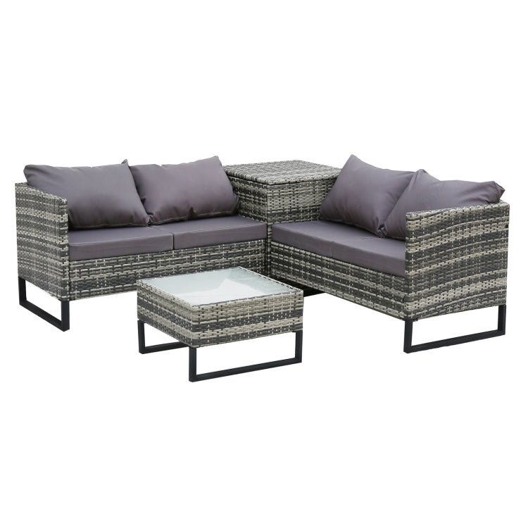 [US Warehouse] 4 in 1 Rattan Terrace Sofa Chair + Storage Box + Coffee Table Furniture Set