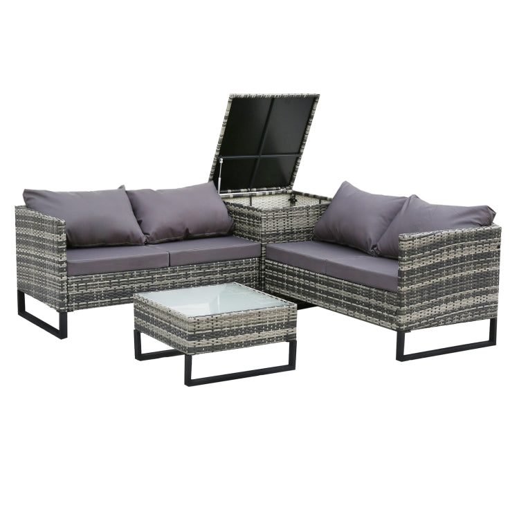 [US Warehouse] 4 in 1 Rattan Terrace Sofa Chair + Storage Box + Coffee Table Furniture Set