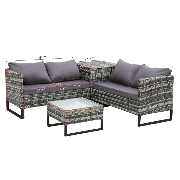 [US Warehouse] 4 in 1 Rattan Terrace Sofa Chair + Storage Box + Coffee Table Furniture Set