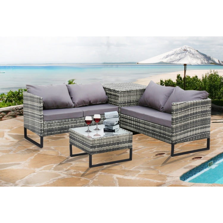 [US Warehouse] 4 in 1 Rattan Terrace Sofa Chair + Storage Box + Coffee Table Furniture Set