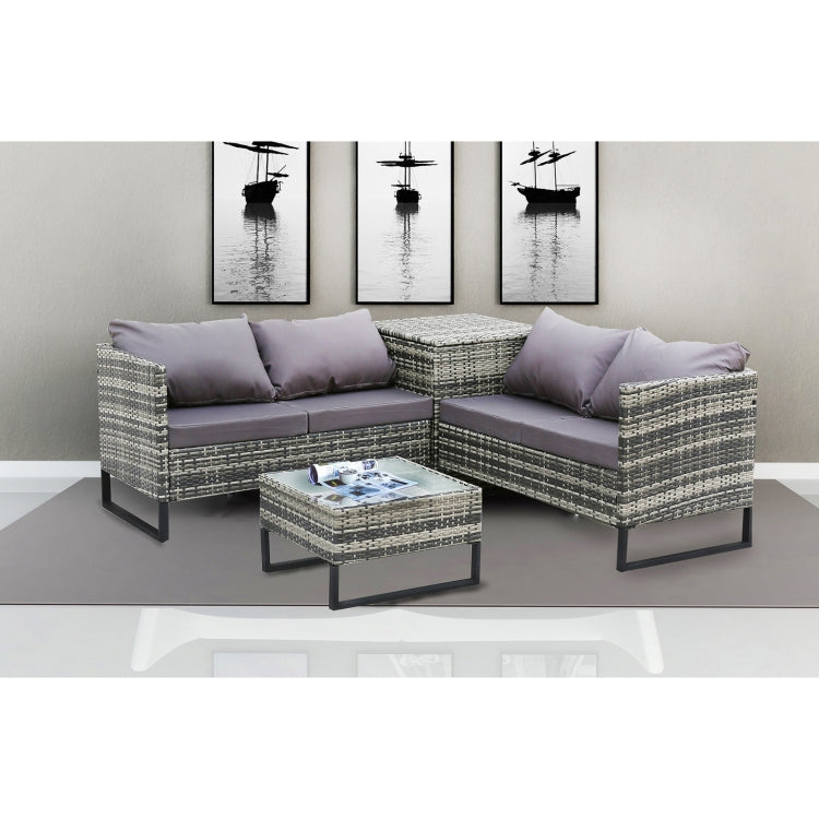 [US Warehouse] 4 in 1 Rattan Terrace Sofa Chair + Storage Box + Coffee Table Furniture Set
