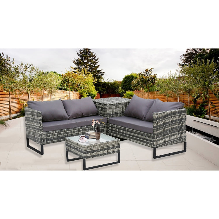 [US Warehouse] 4 in 1 Rattan Terrace Sofa Chair + Storage Box + Coffee Table Furniture Set